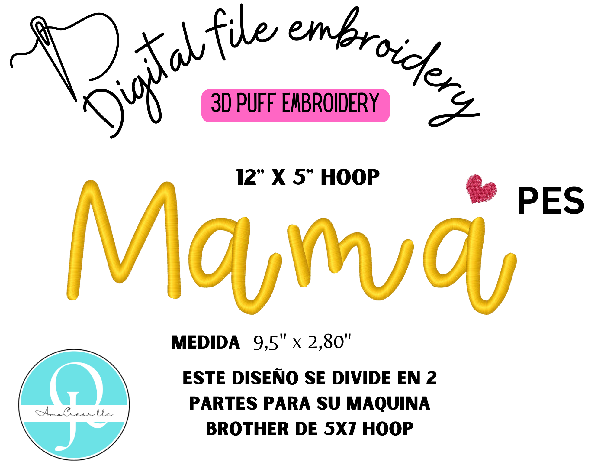Mamá 3D Puff / Embroidery Desing / diseño de bordado Dividido para aro de reposicionamiento aro 5x12'' Formato solo Pes - Imagen 2