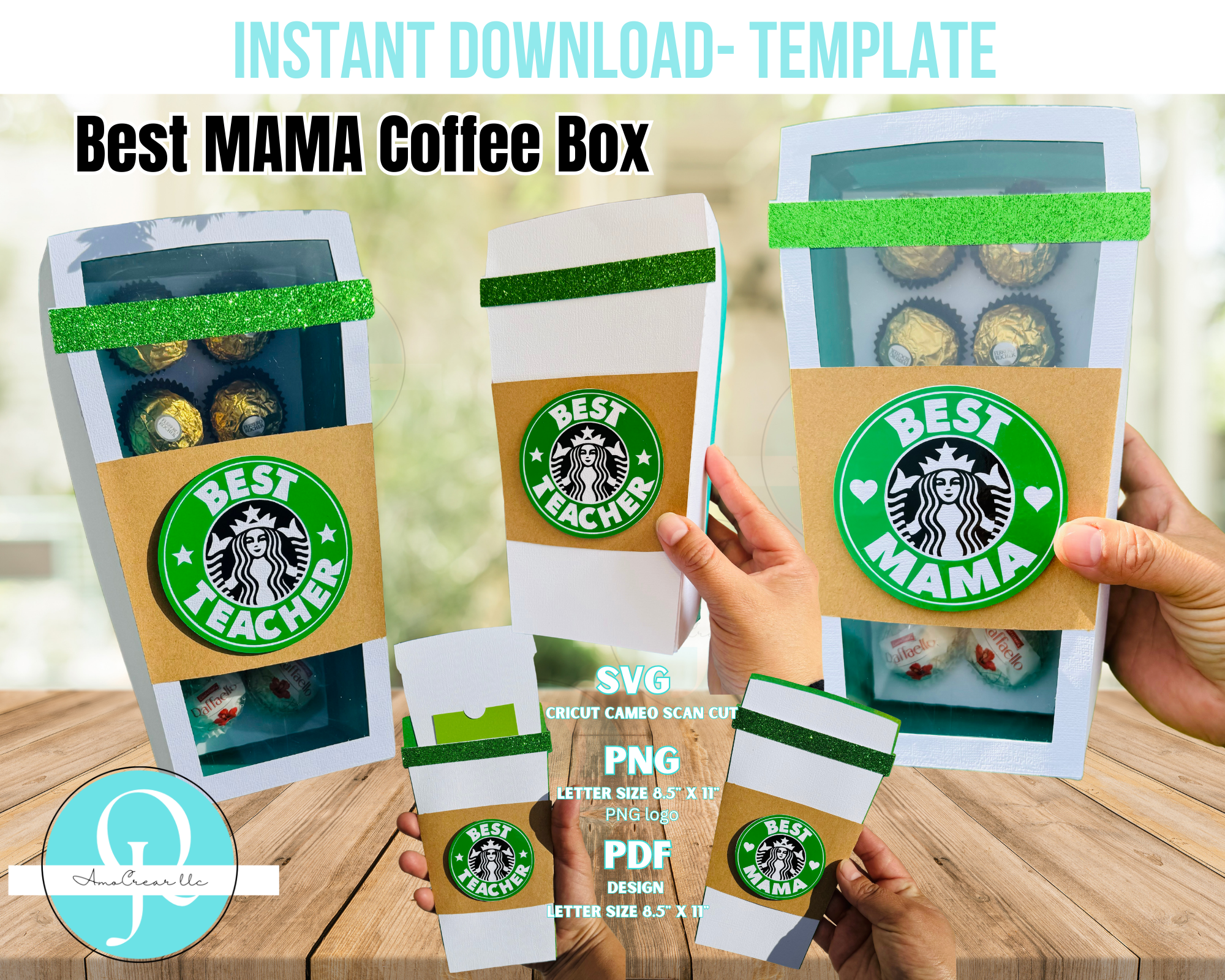 Best Mama/ STARBUCKS BOX / Coffee Box, Best Teacher coffee box/ Gratis holder gift card / cricut / cameo / scan cut / pdf tijeras / digital file / MOTHERS DAY