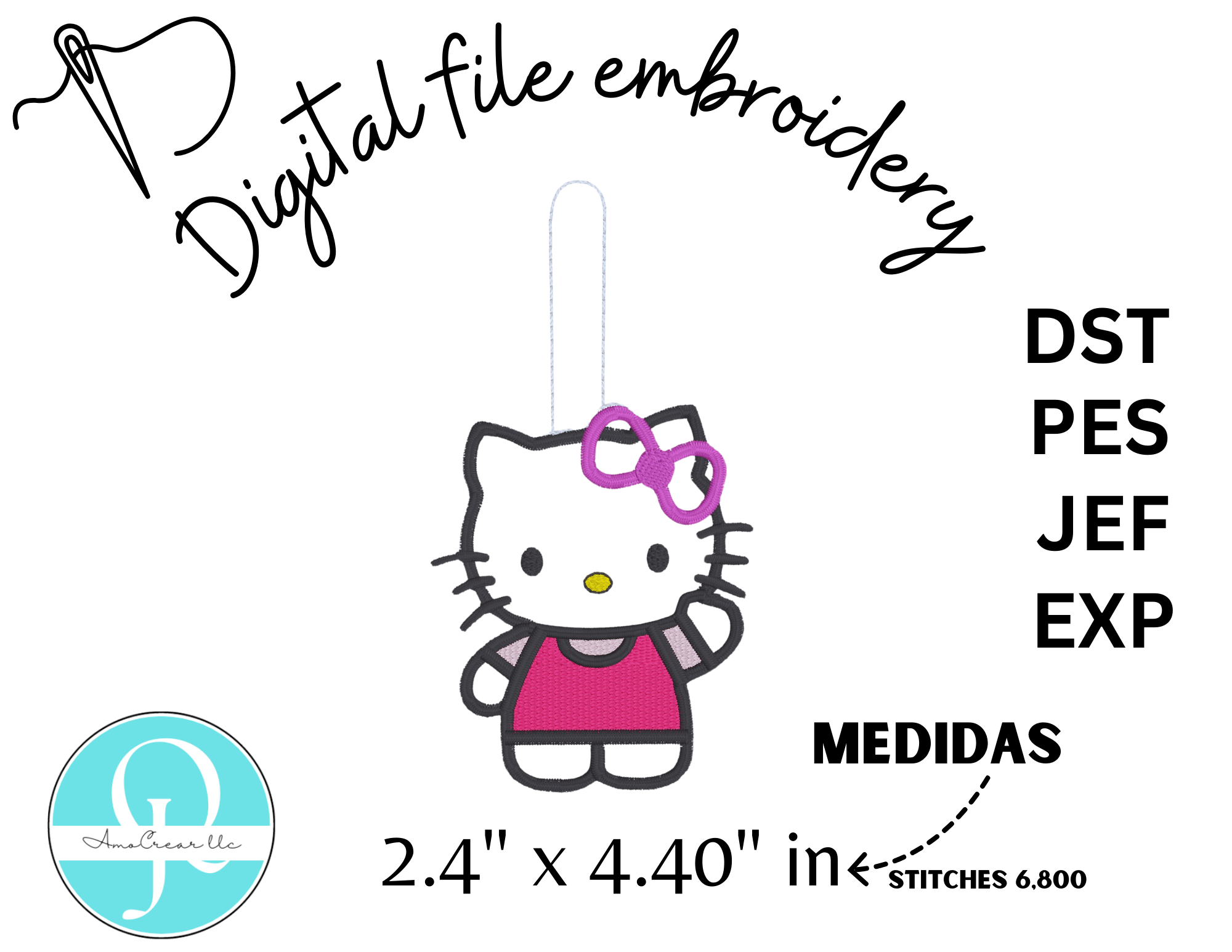 KITTY FELTIE & KEYCHAIN / EMBROIDERY DESIGNS / DISEÑO DE BORDADO / 4 FORMATOS DIFERENTES / PES / DST / EXP / JEF / DIGITAL FILE - Imagen 2