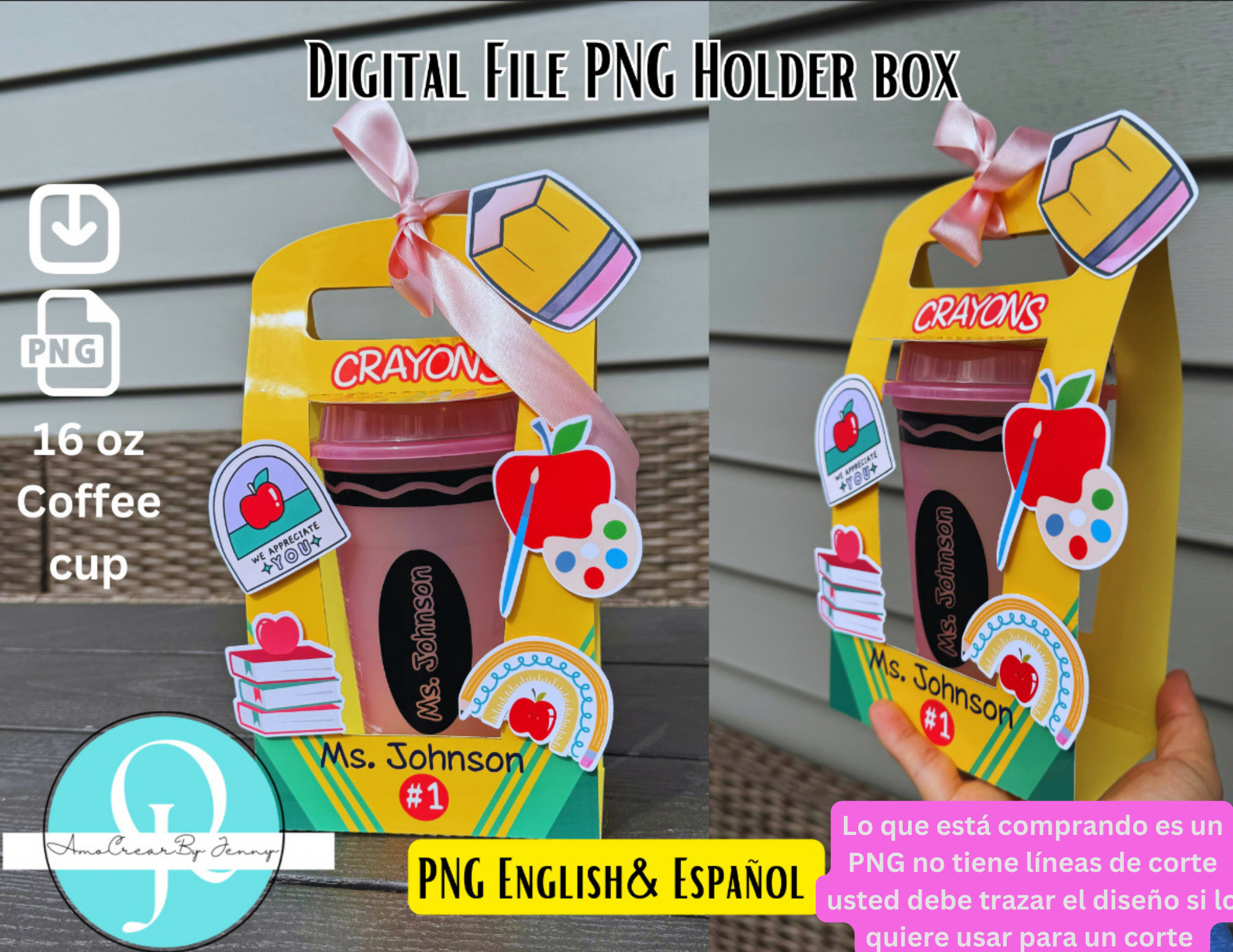 PNG Holder Cup Teachers/ maestros / English Crayons / Español Crayola / Stickers decorativos/ Para vaso de 16 oz