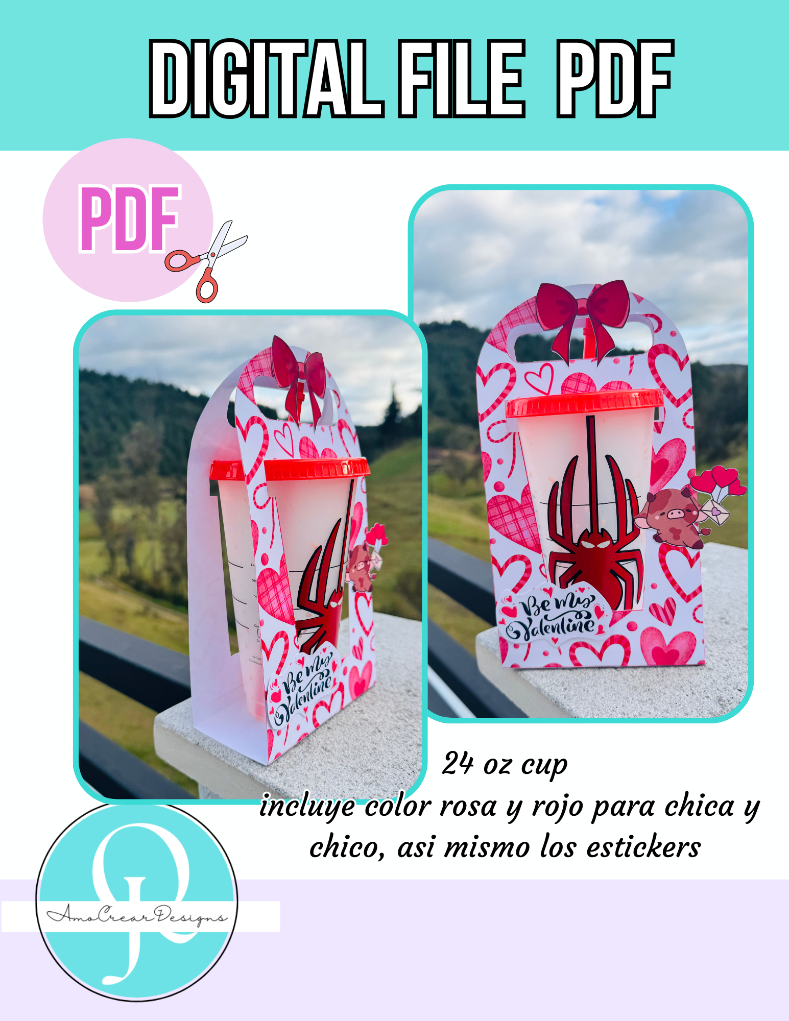porta vaso 24 oz valentines / holder cup 24 oz / be my valentine / digital file pdf / descargable /